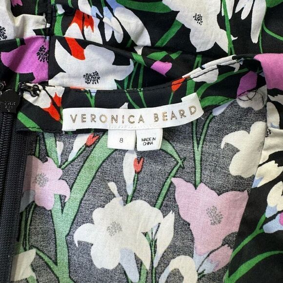 Veronica Beard Janis Ruched Puff Sleeve Floral A-Line Mini Dress Black Size 8 - Picture 8 of 9